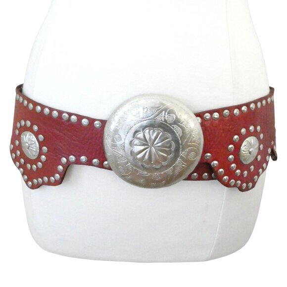 Studded wide leather Concha belt M L scallop edge main image 5